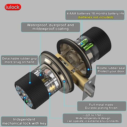 iulock Keypad & Key Smart Door Lock, 50 User Codes, Waterproof, Auto Lock