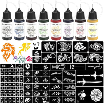 PFARRER Temporary Tattoo Kit 8 Bottles Color Temporary DIY Tattoo Ink,105 Pcs Stencils Kit for Body Paint Fake Tattoos for Kids&Women (Black,Red,Green,Blue,Yellow,Purple,Brown,Orange)