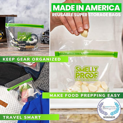 Smelly Proof 10 x Expandable Stand-Up & Fill REUSABLE Storage Bags for Food Designed & Mfg in US, NO PEVA, BPA FREE, Reusable Snack Bags, Dishwasher-Safe, Clear 3 mils STAND & FILL 6" x 4" - 10pk