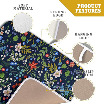 Flower Floral Dish Drying Mat Microfiber Navy Blue Absorbent Drying Pad