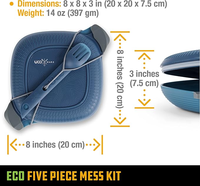 UCO Recycled ECO 5-Piece Camping Mess Kit with Bowl, Plate, Switch Spork Utensil Set