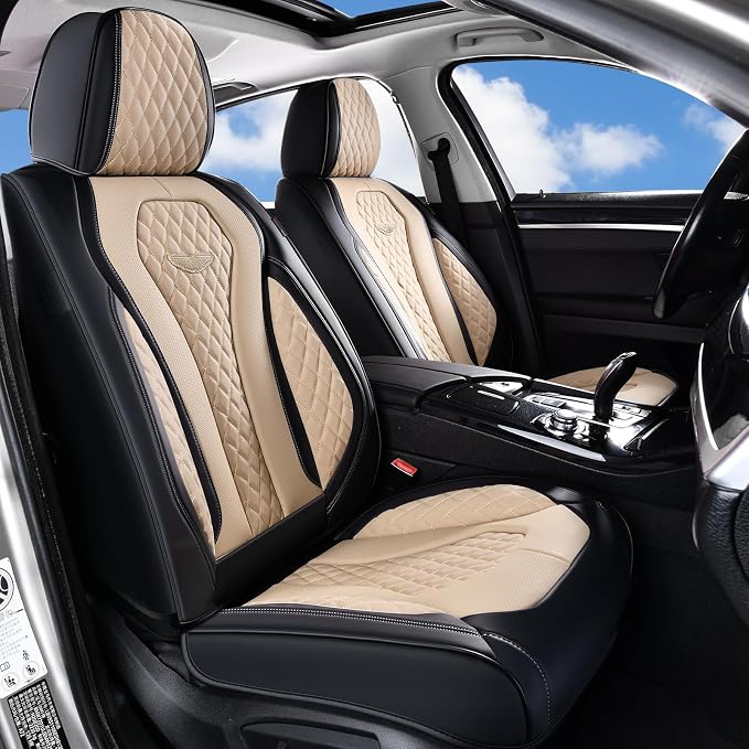 Coverado Automotive Seat Covers Front Seats, Seat Covers 2 Pack, Beige Car Seat Cover, Waterproof Auto Seat Covers, Car Seat Cushion, Front Car Seat Covers Leather Car Seat Protector Fit for Most Cars