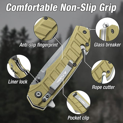FLISSA Folding Pocket Knife, Tactical Knife with Liner Lock, Tanto Blade, Pocket Clip, Glass Breaker, Seatbelt Cutter, Perfect for Hunting, Camping, Survival (Coyote Brown)