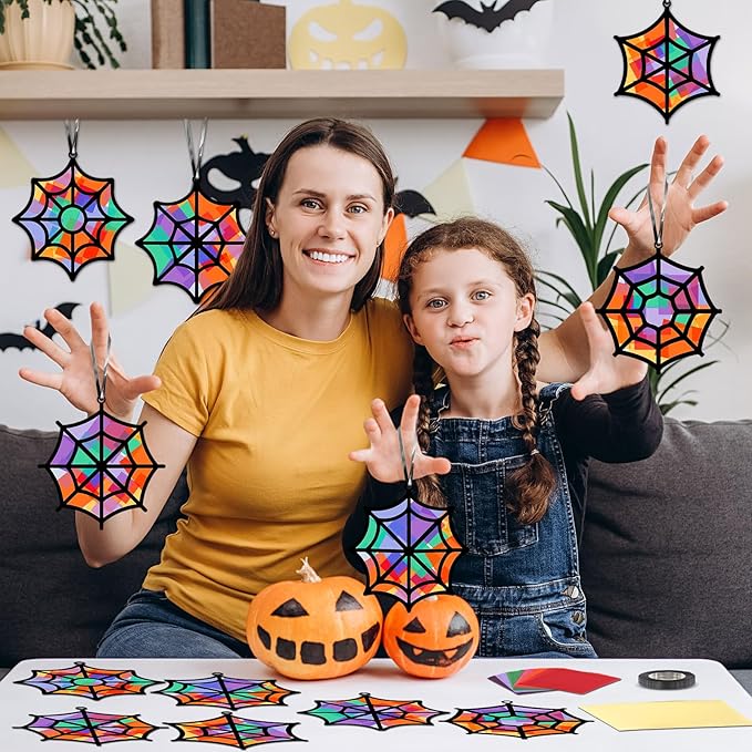 Qyeahkj 36 Set Halloween Spider Web Suncatchers Crafts Kids DIY Hanging Spider Web Tissue Paper Crafts Kit Window Art Ornaments Decor for Halloween School Home Activity Art Project Party Favor Gift
