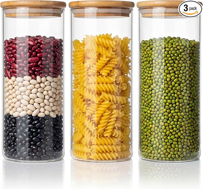 45oz - 3 Pack Glass Jars with Bamboo Lids, Glass Pantry Storage Containers with