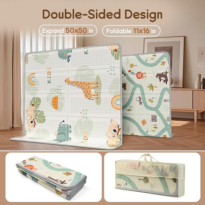 Foldable Baby Play Mat, Waterproof Playmats for Babies and Toddlers Kids, Safe Foam Playmat for Tummy Time, 50x50 Playpen Mat, Reversible Portable Baby Floor Mat for Infant, Toddler, Giraffe