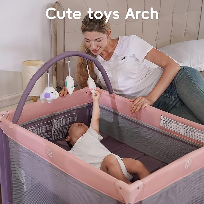Pamo Babe Portable Playard with Mat Pad and Toy Bar Pink Play Yard for Baby