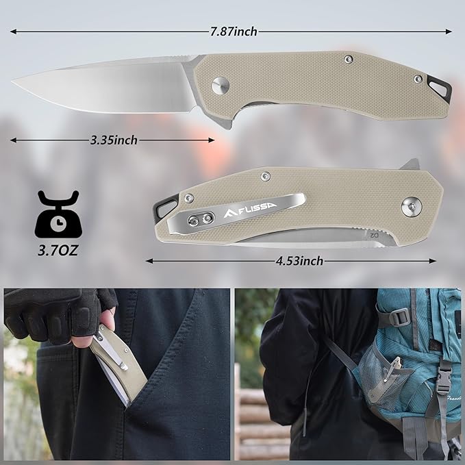 FLISSA Pocket Knife, Folding Tactical Knife with G10 Handle, D2 Blade, Liner Lock, Pocket Clip, EDC Knife for Hiking, Camping, Survival, Indoor and Outdoor Activities(Brown)