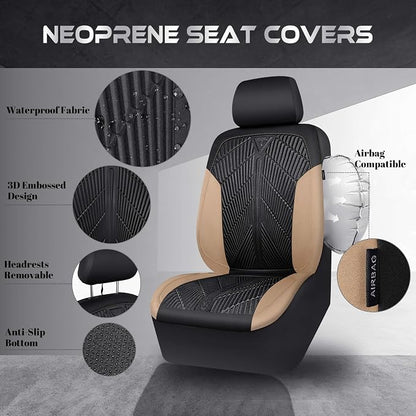 CAR PASS Waterproof Black Beige Car Seat Covers Front Seat Covers Neoprene Wetsuit,All-Weather Non-Slip Durable,Universal Fit for SUV Sedans Trucks Automotive,Airbag Compatible,3D Emboss Black Beige