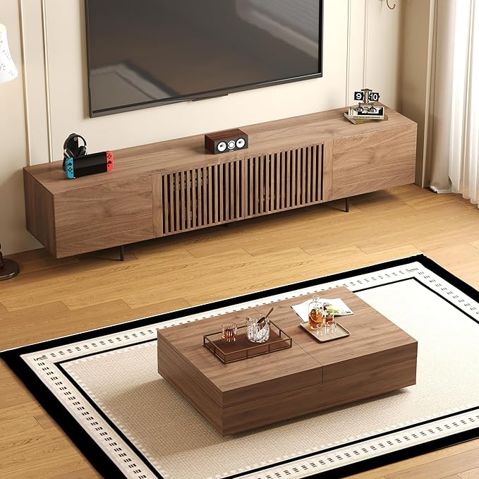 NessCarsti Mid-Century Modern TV Stand & Expandable Coffee Table Set, Walnut