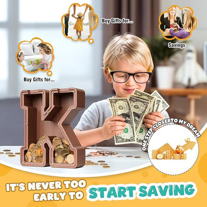 Summidate Wooden Letter Piggy Bank, Extra Thick Large Capacity Piggy Bank for Kids Boys Girls Toddler, Alphabet K Money Bank| Coin Box Birthday, Christmas, Festival