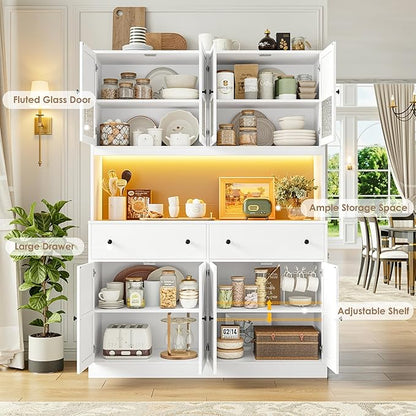 FINETONES 71" Pantry Cabinet with LED Light and Charging Station, Farmhouse Kitchen Pantry Cabinet with Microwave Stand, 47.2" Wide Kitchen Hutch Food Pantry with Open Countertop, White