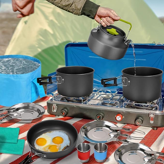Odoland 29pcs Camping Cookware Mess Kit, Non-Stick Lightweight Pots Pan Kettle, Collapsible Water Container and Bucket, Stainless Steel Cups Plates Forks Knives Spoons for Outdoor Backpacking Picnic