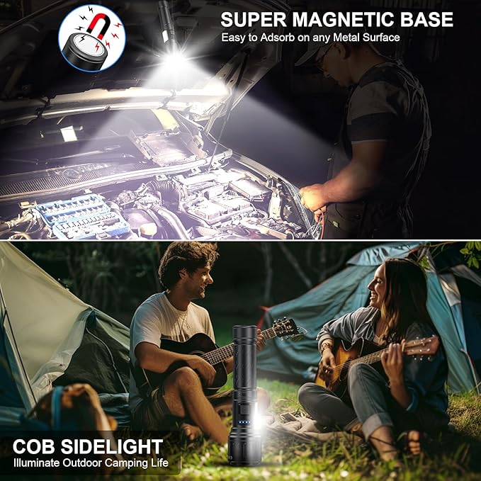 Rechargeable Magnetic Flashlights High Lumens, Super Bright LED Powerful Flashlight 8 Modes with COB Work Light, Waterproof Handheld Flash Light for Camping (2 Pc with Leather Box, Black)