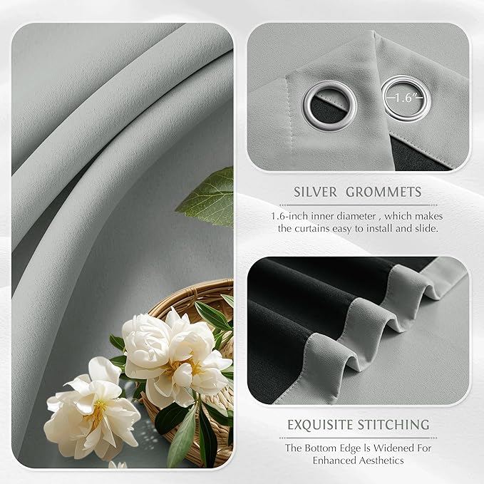 Beauoop Grey 100% Blackout Curtains 84 Inch Long 2 Panels
