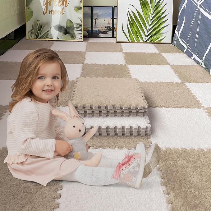 16pcs 0.6" Thickened Interlocking Tile Mats,Fluffy Shaggy Soft EVA Foam Area Rug for Living Room & Bedroom,Non-Slip Protective Floor Carpet Play Mat Kids Baby Dorm Home Decor (11.8ft, Khaki)