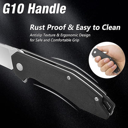 FLISSA Pocket Knife, Folding Tactical Knife with G10 Handle, D2 Blade, Liner Lock, Pocket Clip, EDC Knife for Hiking, Camping, Survival, Indoor and Outdoor Activities(Black)