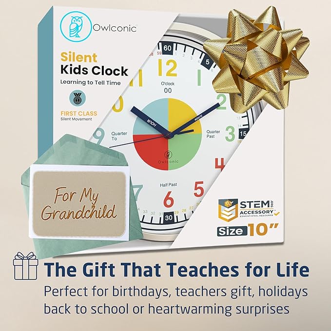OWLCONIC Non Ticking Analog Clock for Kids Learning to Tell Time, Teaching Clock for Kids Wall, Clocks for Classroom, Homeschool Decor, Bedrooms, Silent, Homeschooling Resource.