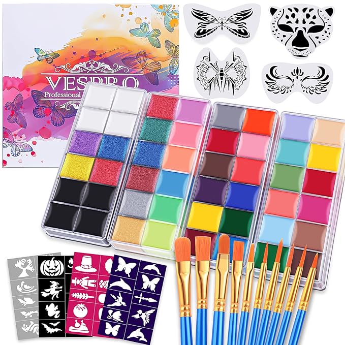 VESPRO Professional Face Body Paint Kit,42 Colors Oil Face&Body Paint Kit (26 Classic Colors+10 Metal Colors +6 UV Glow Colors) with 10 Size Brushes 4PCS Reusable Large Face Stencils and 4PCS Small Paint Stencils for Kids’ and Adults’ Halloween Makeup