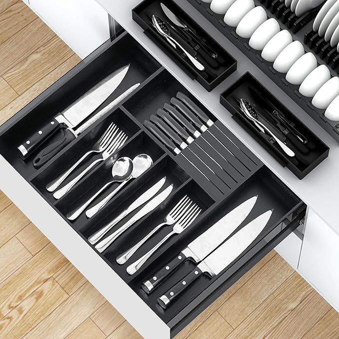 VaeFae Bamboo Silverware Drawer Organizer Kitchen, Expandable Utensil Organizer