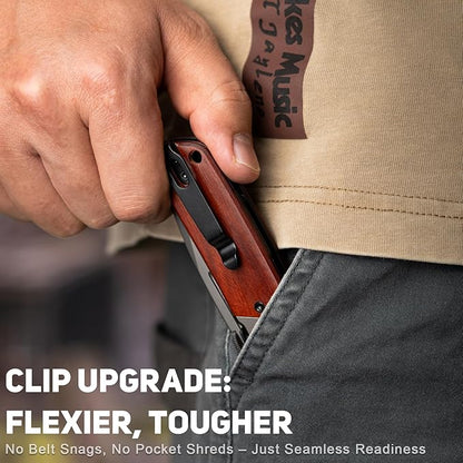 NedFoss DA52 Pocket Knife for Men, 3.5" Compact EDC Knife, Lightweight Camping Folding Knife with Clip, Rosewood Handle with Aluminium Bolster, Liner Lock