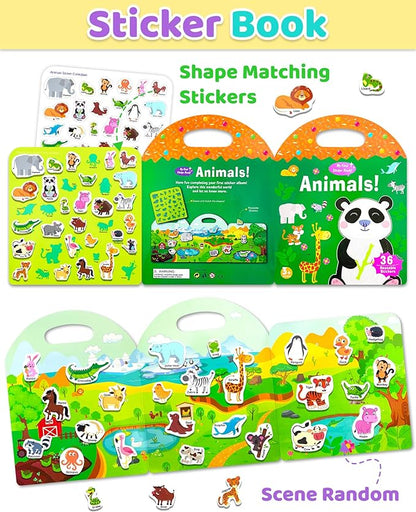 Benresive Reusable Sticker Books for Kids 2-4, Sticker Books for Toddlers 1-3 2-4, Toddler Travel Toys Activities Crafts Gifts - Animals