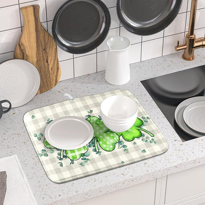 Giwawa Patrick Dish Drying Mat for Kitchen Green Clovers Grey Buffalo Plaids