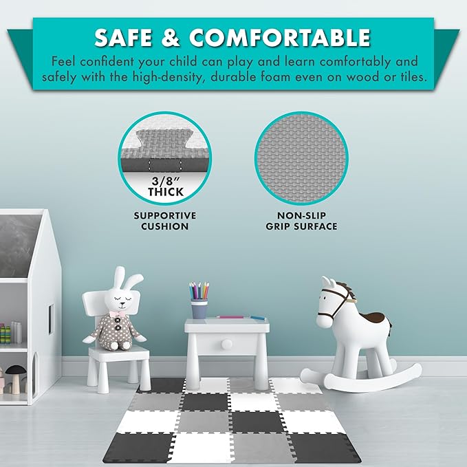 ProSource Foam Puzzle Floor Play Mat for Kids and Babies with Solid Colors, 36 or 16 Interlocking Tiles with Borders, Black/Grey/White