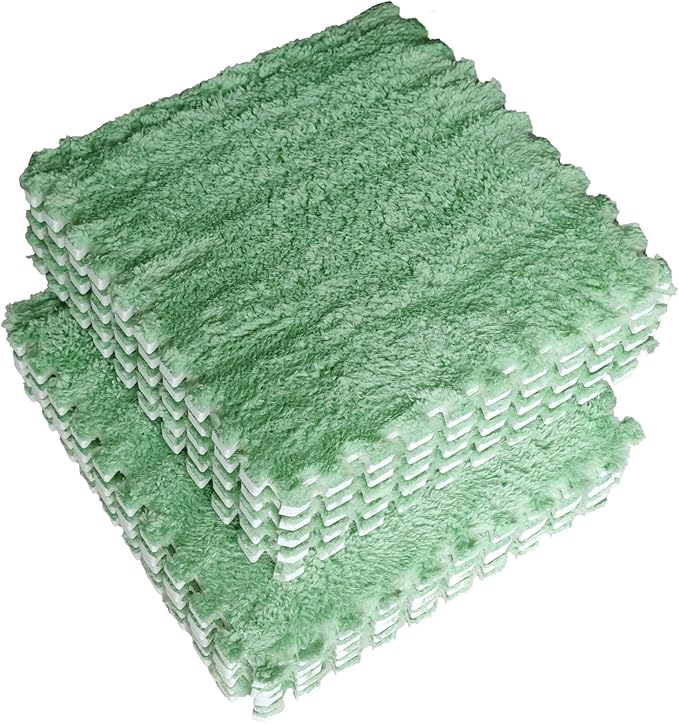 16pcs 0.6" Thickened Interlocking Tile Mats,Fluffy Shaggy Soft EVA Foam Area Rug for Living Room & Bedroom,Non-Slip Protective Floor Carpet Play Mat Kids Dorm Home Decor (11.8ft, Mint Green)
