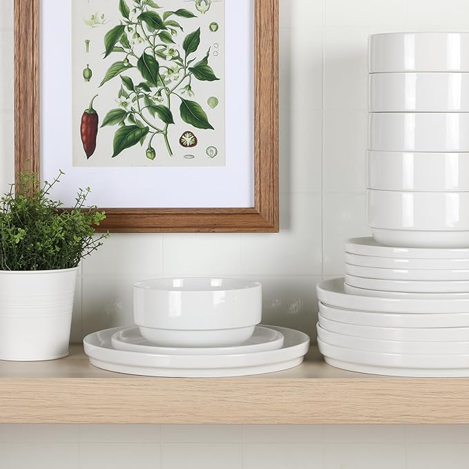 Gibson Home Rothernberg 18-Piece Stackable Porcelain Dinnerware Set, Service for 6 – White Plates and Bowls, Microwave & Dishwasher Safe