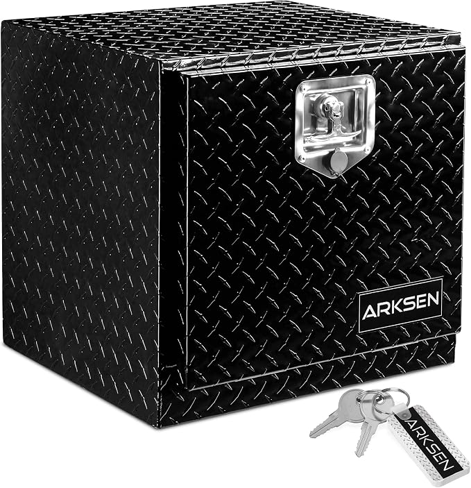 ARKSEN 18 x 17 x 18 Inch Underbody Tool Box, Heavy Duty Aluminum Diamond Plate Waterproof Square Storage Organizer Chest with T-Handle Lock & Keys for Pickup Truck, RV & Trailer – Black