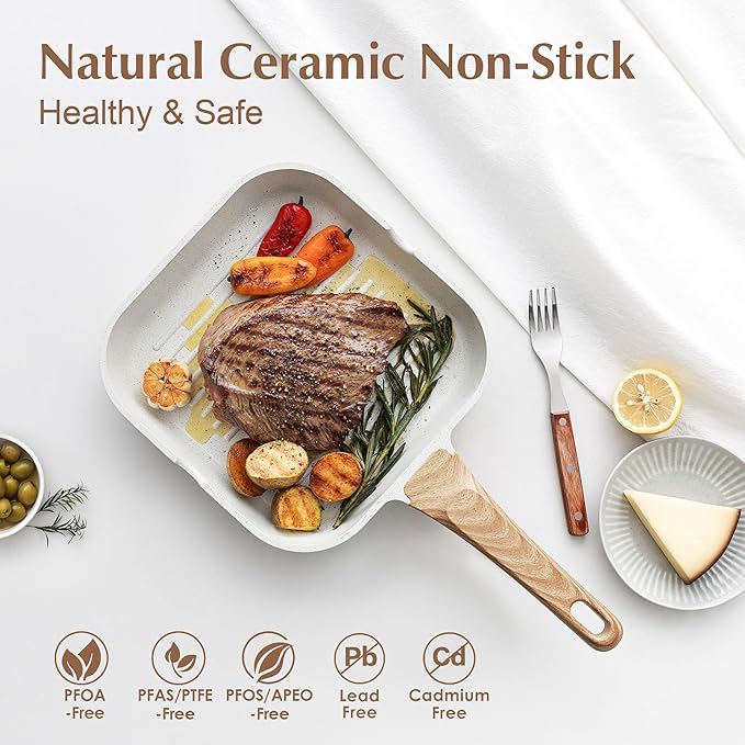 SENSARTE Nonstick Ceramic Grill Pan for Stove Tops, Versatile Square Grilling Pan with Pour Spouts, Durable Grill Skillet for All Stoves(Gas,Electric,Induction) Non Toxic-PTFE,PFAS,PFOA Free, 9.5Inch