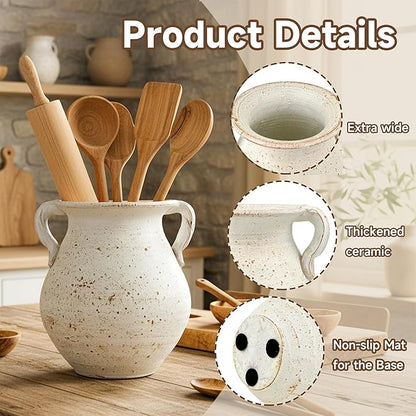 Rustic Kitchen Utensil Holder for Countertop, 7.6x4.9In Large Ceramic Cooking
