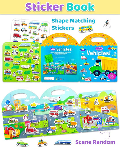 Benresive Reusable Sticker Book for Toddlers 2-4 Years, Fun Travel Stickers for Kids, Waterproof Sticker Books for Toddlers 1-3, Crafts Activities for Todddlers 1-3 2-4 3-5 - Transport