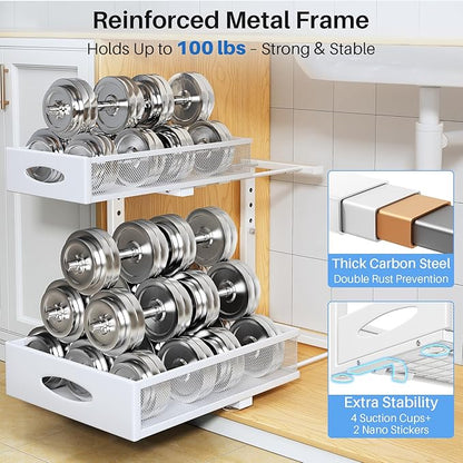Under Sink Organizer, 2 Pack 2 Tier Pull Out Under Cabinet Organizer Shelf