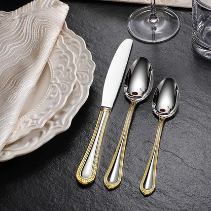 KEAWELL Pearl Edge 4-Piece Premium Spoon Set, 18/10 Stainless Steel, Fine Silverware Spoons with Refined Bead Design, Brightly Polished, Dishwasher Safe (Gold Accent, 7.56" Dinner Spoons)