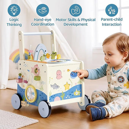 ROBOTIME Wooden Baby Walking Toy, Montessori Baby Walker Push Toy with Adjustable Height & Speed, Activity Center Baby Push Toy with Music, Fishing Game & Storage for Toddler 10M+ (Ocean World Theme)