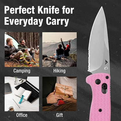 FLISSA 4.5" Folding Pocket Knife, Lightweight EDC Pocket Knife with Axis Lock, 3.2" AUS-8 Steel Blade, Sharp Camping Hiking Knife with Pocket Clip, Unique Tool Gift for Men, Dad (Pink)