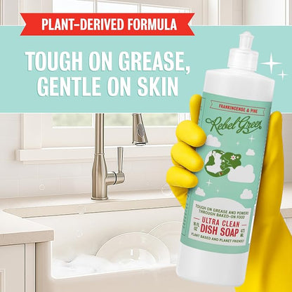 Rebel Green Ultra Clean Dish Soap, Plant-Derived Dishwashing Soap | Liquid Dish Soap for Grease and Tough Messes, No Harsh Chemicals, Frankincense & Pine Scent, 16 fl oz, 1 Pack