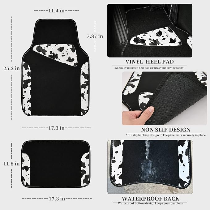 CAR PASS Waterproof Universal Fit Car Floor Mats, Cow Print Car Mats Fit for SUV,Vans,sedans, Trucks,Set of 4pcs Car Carpet with Driver Heel Pad and Nibs Backing,or Cute Women Girly Funny Black White
