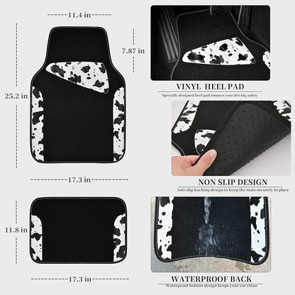 CAR PASS Waterproof Universal Fit Car Floor Mats, Cow Print Car Mats Fit for SUV,Vans,sedans, Trucks,Set of 4pcs Car Carpet with Driver Heel Pad and Nibs Backing,or Cute Women Girly Funny Black White