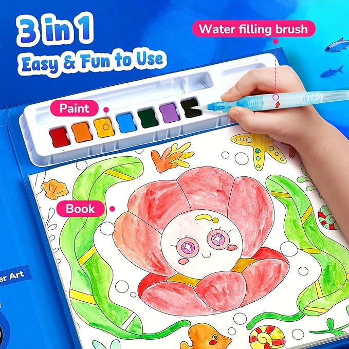 JoyCat Paint with Water Coloring Books, Art & Craft Activity, No Mess Art for Kids Ages 4-8, Craft Kits & Supplies, DIY Creative Activity, Presents for Girls & Boys (Sea Animals)