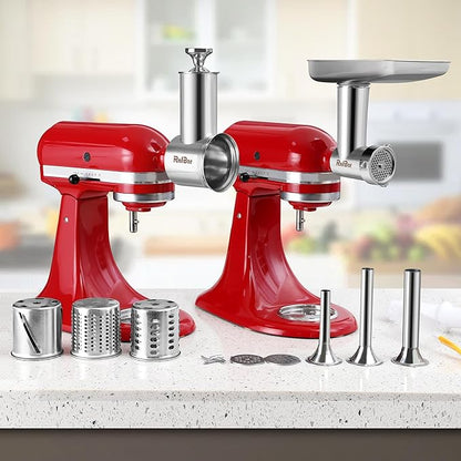 Meat Grinder & Slicer Shredder Attachments for KitchenAid Stand Mixer, All Parts Dishwash Safe, Stainless Steel Cheese Grater Attachments for KitchenAid Mixer Accessories