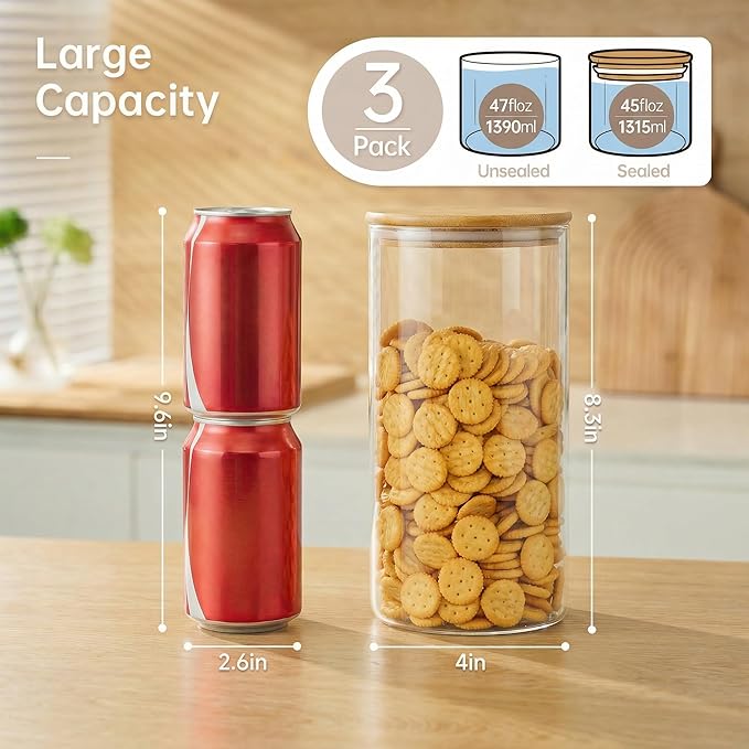 45oz - 3 Pack Glass Jars with Bamboo Lids, Glass Pantry Storage Containers with