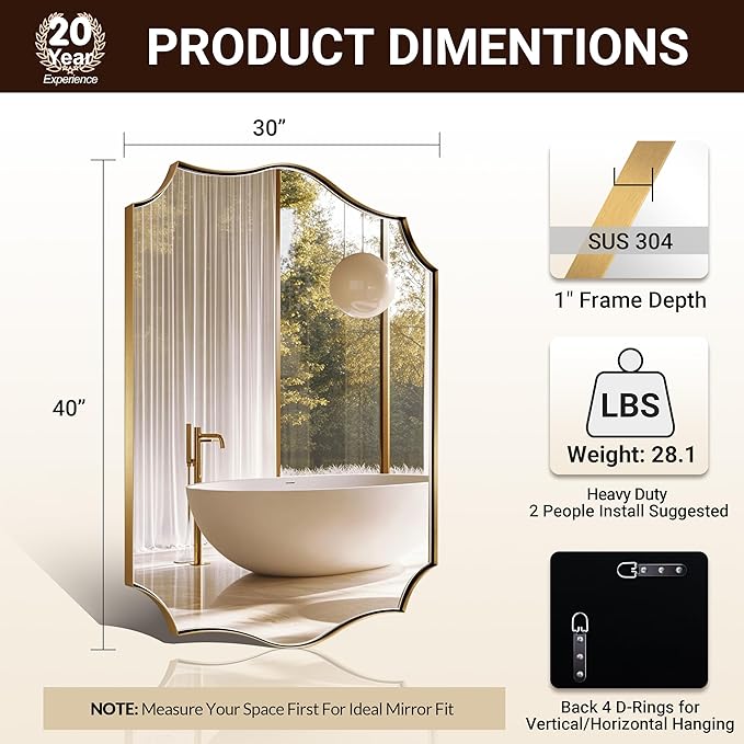 ANDY STAR 30"x40" Brushed Gold Bathroom Mirror, Large Rectangle Scalloped Mirror