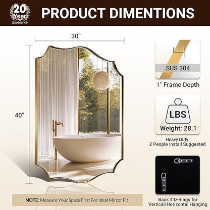 ANDY STAR 30"x40" Brushed Gold Bathroom Mirror, Large Rectangle Scalloped Mirror