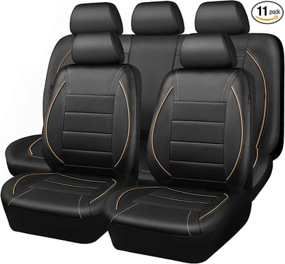 CAR PASS Universal FIT Piping Leather Car Seat Cover, for suvs,Van,Trucks,Airbag Compatible,Inside Zipper Design and Reserved Opening Holes (Full Set, Black and Beige)
