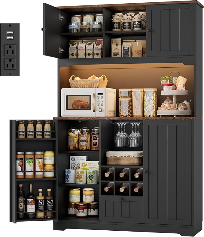 FINETONES 71" Pantry Cabinet with LED Light and Charging Station, Kitchen Pantry Cabinet with Microwave Stand, Kitchen Hutch Food Storage Cabinet with Outlet and Wine Racks, Black