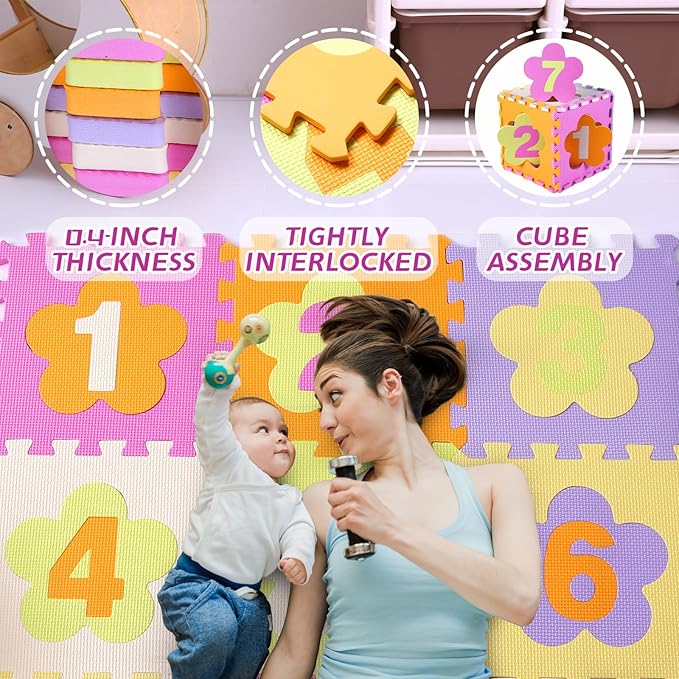 Coolcandy Baby Play Mat Without Fence, 9Pcs Interlocking Puzzle Floor Mat, 0.4" Thick Non-Toxic EVA Foam Play Mat, for Infants & Toddlers 3-36 Months, Soft Puzzle Tiles for Play Areas
