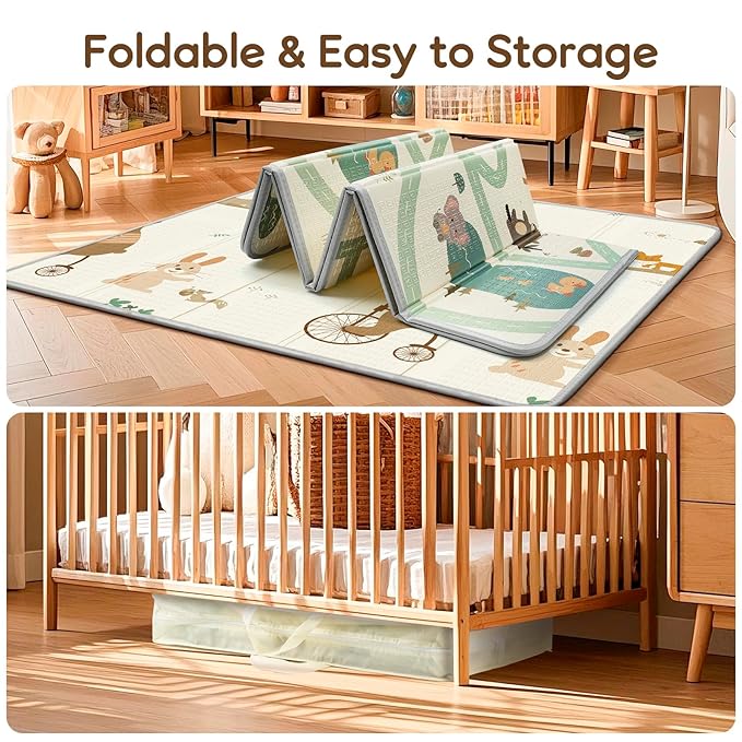Foldable Baby Play Mat, PIGLOG Waterproof Playmats for Babies and Toddlers Kids, Safe Foam Playmat for Tummy Time, 50x50 Playpen Mat, Reversible Portable Baby Floor Mat for Infant, Toddler, Bear
